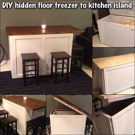 Kitchen Island floor freezer. This is a fun DIY project I started. I had a huge floor freezer as well as I needed a new kitchen table or kitchen island. so I decided to combine the two, save some space and have a fun new project. This is what came out. I Will post a tutorial on how to do this if people find they want to as well. Enjoy Diy Floors, Kitchen Island Tops, Deep Freezer, Island Table, Kitchen Island Table, Chest Freezer, Diy Kitchen Island, Deco Retro, Table Diy