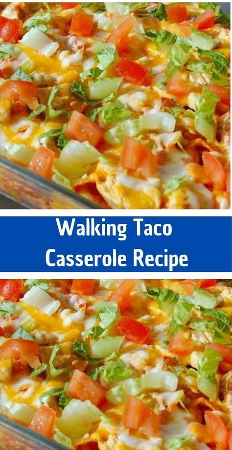 A delicious Mexican dinner that is versatile, family-friendly, delicious, and slightly spicy is just a few minutes away once you finish reading about this delicious Walking Taco Casserole. This casserole can be topped with Fritos, Doritos, or Tortilla Chips. The meat can be made as spicy or non-spicy as you prefer. Casserole With Fritos, Taco Casserole With Tortillas, Dorito Taco Casserole, Doritos Recipes, Walking Taco Casserole, Casserole Recipes For Dinner, Walking Taco, Yummy Casserole Recipes, Walking Tacos