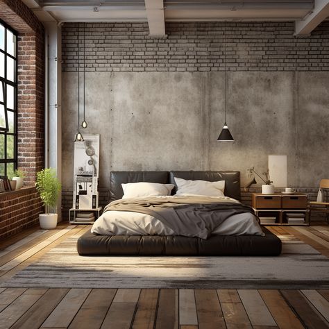 Concrete Style Bedroom, Loft Industrial Bedroom, Urban Loft Apartment Industrial, Urban Rustic Bedroom, Polished Concrete Bedroom, Industrial Master Bedrooms Decor, Concrete Bedroom Design, Concrete Wall Bedroom, Modern Industrial Bedroom Design