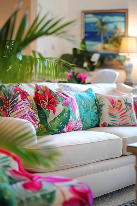 Creating My Dream Tropical Living Room Oasis Turquoise Living Room, Room Oasis, Tropical Living Room, Living Room Turquoise, Tropical Luxury, Tropical Living, Palm Leaves Pattern, Tropical Colors, Online Interior Design