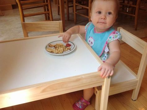 Pared down IKEA Latt table and chairs as weaning table Ikea Toddler Table, Kids Dining Area, Toddler Dining Table, Montessori Weaning Table, Ikea Latt Table, Ikea Latt, Weaning Table, Breastfeeding Chair, Ikea Baby