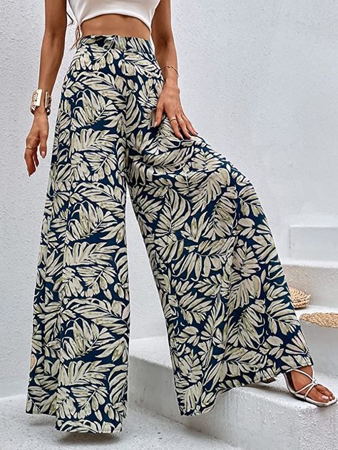 MakeMeChic Women's Palazzo Pants Casual High Waist Flowy Loose Wide Leg Pants at Amazon Women’s Clothing store Printed Palazzo Pants Outfit, Patterned Pants Outfit, Palazzo Pants Outfit, High Waisted Palazzo Pants, Wide Leg Pants Casual, Womens Palazzo Pants, Loose Wide Leg Pants, Printed Palazzo Pants, Pants High Waisted