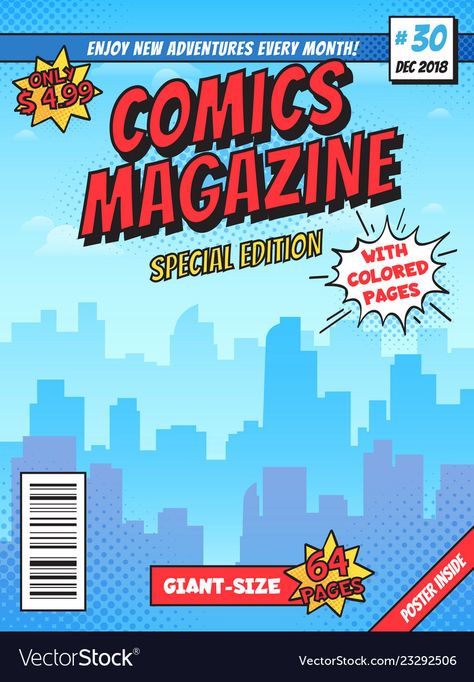 Comic book cover page city superhero empty comics Vector Image Magazine Cover Layout, Comic Template, Pop Book, Comic Book Template, Comic Frame, Book Cover Page, Book Cover Template, Comic Layout, Comic Poster