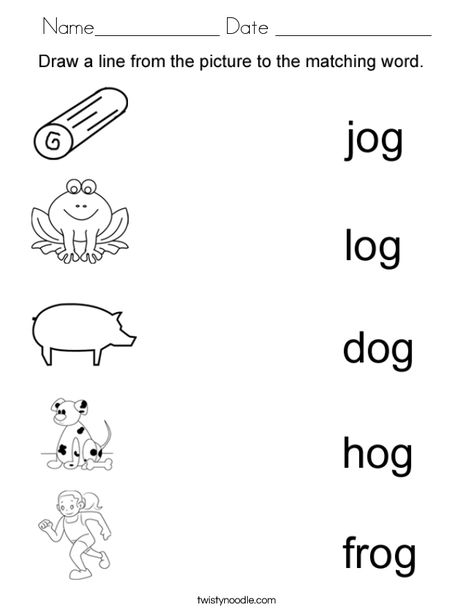 Name____________ Date _______________ Coloring Page - Twisty Noodle Og Family Words Worksheet, Og Word Family Worksheets, Og Words, Og Phonics, Basic Subtraction, Kindergarten Word Families, Family Worksheets, Phonics Reading Passages, Cvc Words Worksheets