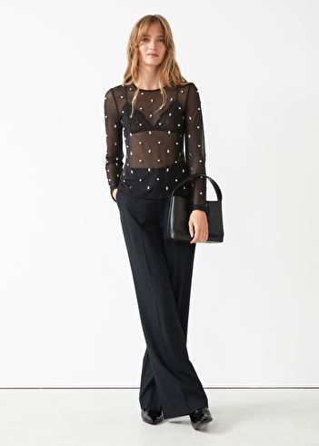 Pearl Embellished Mesh Top - Black Embellished - Tops & T-shirts - & Other Stories US Top Noir, Pearl Top, Pearl Embellishment, Sheer Mesh Top, Embellished Shirt, Black Mesh Top, Black Long Sleeve Top, Fashion Story, Black Mesh