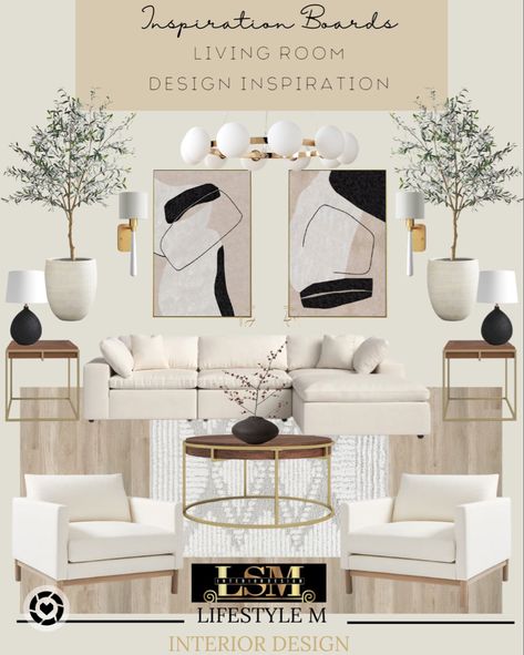 Design board with furniture ane decor for a living room. Wood Gold Living Room, Cream Black Wood Living Room, Black Gold Wood Living Room, Gold And Wood Living Room, Gold And Wood Decor Living Room, Black White And Natural Wood Living Room, Cream And Gold Living Room, End Tables Black, Round Coffee Table Wood