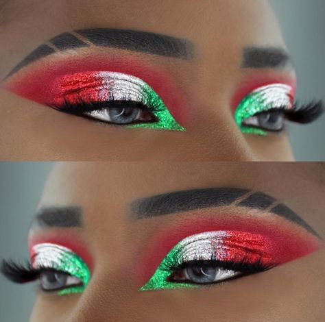 Flag Makeup Ideas, Mexican Makeup, White Eye Makeup, Rhinestone Makeup, White Eyeshadow, Makeup For Black Skin, Red Eyeshadow, Fall Makeup Looks, Green Makeup