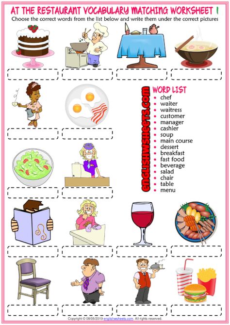 Restaurant Vocabulary ESL Matching Exercise Worksheets Restaurant Kids Activities, Restaurant Theme Preschool, Restaurant Vocabulary English, Business English Vocabulary Worksheets, Describing Food Worksheet, Restaurant Vocabulary English Worksheets, Esl Cooking Worksheets, Job Vocabulary Worksheet, English Vocabulary List