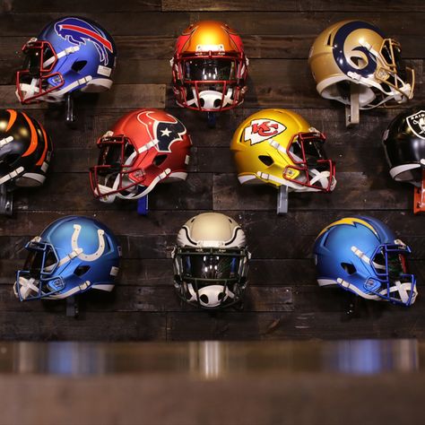 Football Helmets Display, Helmet Display Ideas Man Cave, Football Helmet Display Ideas Man Caves, Football Helmet Wall Display, Football Helmet Display Ideas, Mini Helmet Display Ideas, Football Memorabilia Display, Football Man Cave Ideas, Helmet Display Ideas