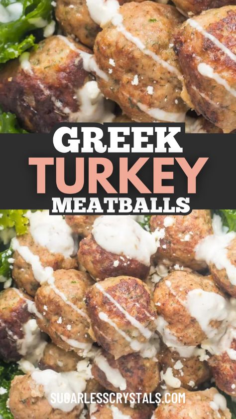 These Greek turkey meatballs are a delicious twist on a classic! Juicy and flavorful, they’re made with ground turkey, fresh herbs, and are topped with feta cheese and tzatziki sauce. Perfect for a Greek turkey meatball meal or served in a Greek turkey meatball pita, these meatballs are a healthy, protein-packed option. Add them to your meal prep rotation for easy, Mediterranean-inspired meals! Elegant Italian Dinner Party, Turkey Feta Meatballs, Meals With Turkey, Turkey Sandwich Ideas, Meatball Pita, Turkey Stir Fry Recipes, Italian Meat Dishes, Feta Meatballs, Dinners For A Crowd