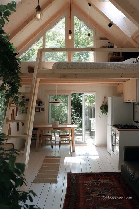 Step into the Split Roof Tiny Cabin, a unique Scandinavian retreat that will amaze you. With its stunning design and cozy interior, this tiny house is the perfect place to escape from the world and relax. Click the article for more ideas! Scandinavian Tiny House, Scandinavian Cabin, Tiny House Interior Design, Small Wooden House, Tiny House Loft, House Loft, Tiny House Inspiration, Loft House, Tiny Cabin