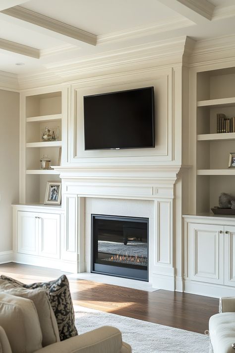 Built In Tv Over Fireplace, Cabinet And Shelves Next To Fireplace, Diy Built Ins Around Fireplace Vaulted Ceiling, Tv And Built In Shelves, Mantel With Bookshelves, Family Room With Large Windows, Floating Shelves Tv Fireplace, Fireplace And Bookcase, Built Ins Small Living Room