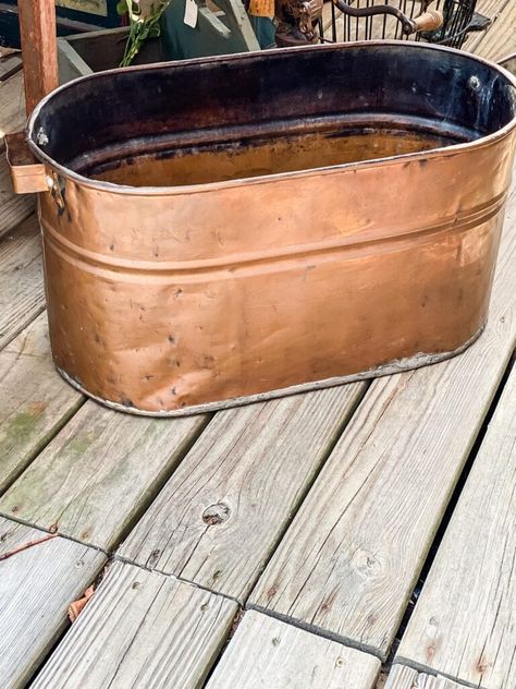 7 Things Not To Pass Up At The Flea Market - Cottage On Bunker Hill Primitive Fireplace Decor, Wedding Coolers, Primitive Fireplace, Old Milk Cans, Vintage Copper Pots, Antique Crocks, Rustic Decorating, Old Crocks, Copper Still