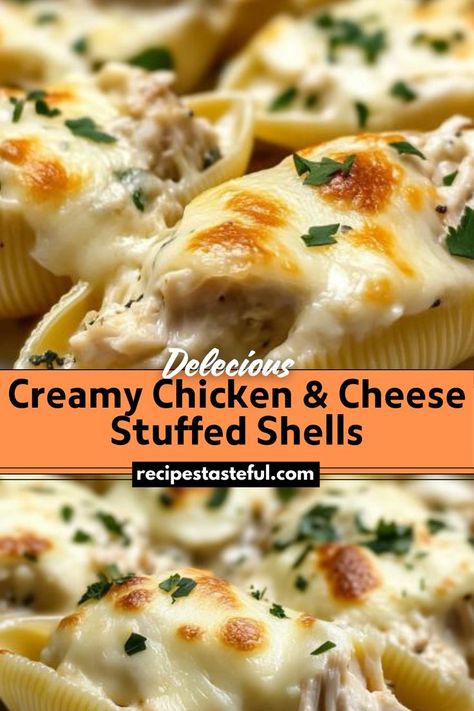 A comforting and delicious dish featuring jumbo pasta shells stuffed with a creamy mixture of shredded chicken and cheese, all topped with rich Alfredo sauce. Jumbo Shell Recipes, Pasta Shells Stuffed, Shells Stuffed, Chicken Stuffed Shells, Shell Pasta Recipes, Chicken Alfredo Bake, Chicken And Cheese, Jumbo Pasta Shells, Cheese Stuffed Shells