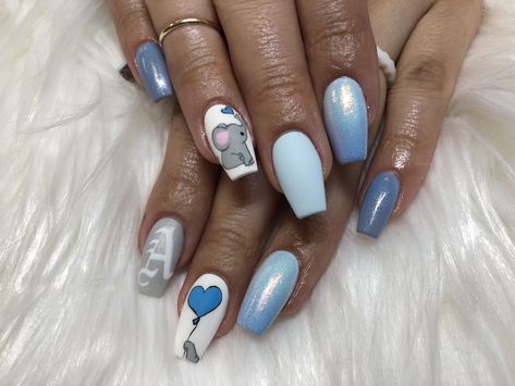 Love My Baby Shower Nails!!! It’s a Boy! Elephant Nails Acrylic, Baby Shower Nails For Boys, Boy Baby Shower Nails Designs, Birthing Nails, Baby Boy Nails Designs Blue, Elephant Nail Designs, Nails For Baby Shower Boy, Baby Boy Shower Nails, Boy Baby Shower Nail Ideas