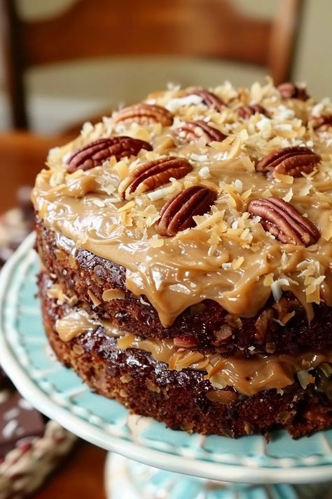 Homemade Traditional German Chocolate Cake German Chocolate Cake Recipe, Cake Pie, German Chocolate Cake, Layer Cakes, Delish Recipes, German Chocolate, Chocolate Cake Mixes, Homemade Desserts, Sweet Chocolate