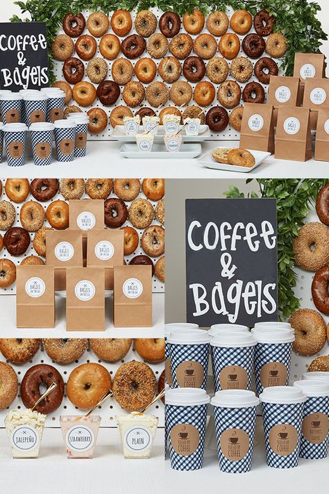 National Bagel Day is almost here! This Bagel Breakfast Party idea may have been inspired by National Bagel Day, but this quick setup works in a pinch for a variety of occasions. From meet-and-greets and employee appreciation events to a more casual setting like brunch with your friends, you’ve now got the framework to host a pretty sweet get-together. Coffee And Bagel Bar, Events To Host, Bagel Bar Wedding, Breakfast Bar Party Ideas, Breakfast Event Ideas, Breakfast Bar Setup Ideas, Work Celebration, Breakfast Bar Party, Breakfast Party Decor