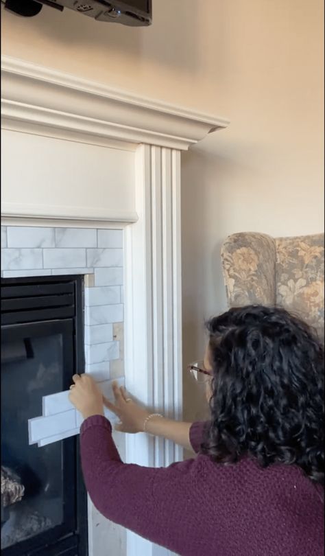 Peel And Stick Tile Fireplace, Tile Fireplace Makeover, Corner Brick Fireplaces, Fireplace Surround Diy, Gas Fireplace Makeover, Paint Fireplace Tile, White Painted Fireplace, White Fireplace Surround, Corner Fireplace Makeover