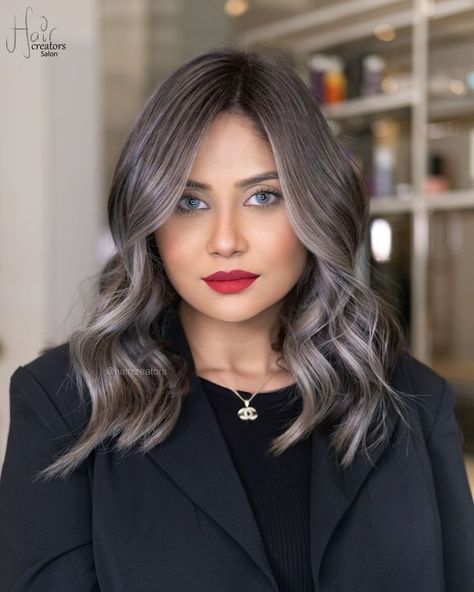 Dark Brown Hair With Silver Highlights Ash Blonde, Ash Gray Balayage On Dark Hair, Silver Balayage On Brown Hair, Gray Blending Balayage, Dark Hair With Grey Balayage, Ash Grey Highlights On Dark Hair, Gray Balayage On Brown Hair, Gray Blending Dark Hair, Grey Balayage Brunettes