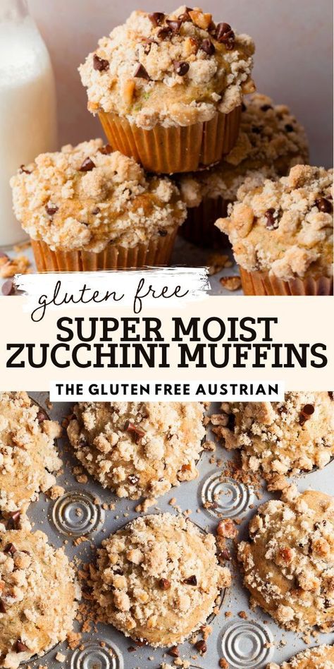 It's Zucchini Season, which means Gluten Free Zucchini Muffins on repeat! These treats are loaded with shredded zucchini and chocolate chips, topped with a crunchy walnut streusel. With hints of vanilla, cinnamon, and nutmeg, they're perfect for any occasion. Get ready to savor the goodness of zucchini and enjoy a delightful blend of flavors and textures in every bite! Gluten Free Zucchini Muffins Recipes, Gluten Free Vanilla Muffins, Gf Zucchini Muffins, Cinnamon Zucchini Muffins, Gluten Free Zucchini Recipes, Gluten Free Zucchini Muffins, Gf Muffins, Packed Food, Gf Cooking