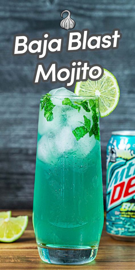 This refreshing summer Baja Blast Mojito is the perfect combination of lime and rum with the iconic soda pop flavor of Mountain Dew Baja Blast! It's the perfect drink to beat the summer heat! Via @umamiology Baja Blast Alcohol Drink Recipes, Mountain Dew Mixed Drinks, Baja Blast Cocktail, Amf Drink Recipe, Mtn Dew Baja Blast, Mountain Dew Baja Blast, Friday Cocktails, Alcoholic Recipes, Baja Blast