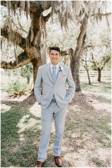 Gray Suits For Men Wedding Dusty Blue, Dusty Blue Groom Attire, Dusty Blue Wedding Men, Light Grey Suit With Dusty Blue Tie, Light Grey Wedding Suits For Men, Tan Suit Light Blue Tie, Suits To Match Light Blue Dress, Light Grey Groomsmen Attire, Light Gray Linen Suit