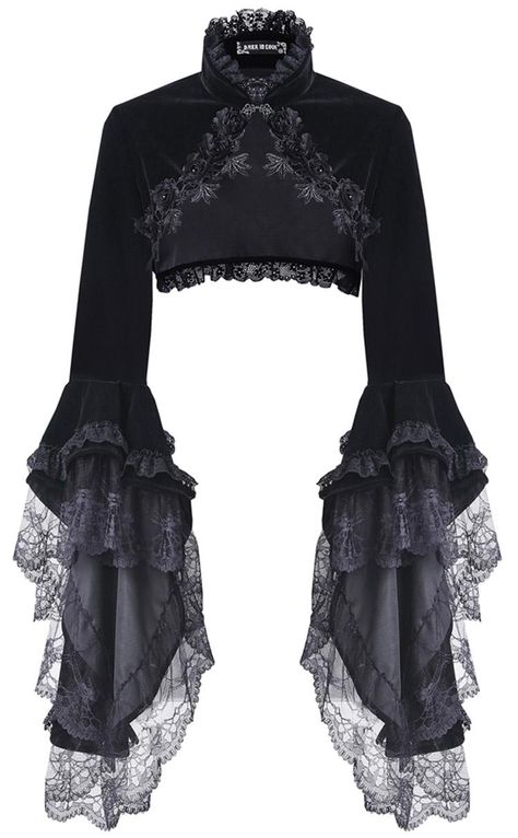 Dark In Love Black Velvet Bell Sleeve Bolero  Beautiful trad goth inspired bolero from Dark In Love. This gorgeous black velvet bolero is covered in detailing including a black lace trim, faux black rose... Velvet Bolero, Mode Steampunk, Dark In Love, Lace Bolero, Gothic Clothes, Gothic Outfits, Goth Outfits, Dark Fashion, Gothic Lolita