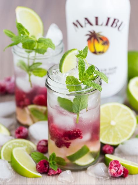 Raspberry Mojito Recipe, Blueberry Coconut Mojito, Coconut Mojito Recipe Pitcher, Scooby Snack Cocktail, Light Summer Cocktails, Tito's Raspberry Coconut Mojito, Raspberry Mint Mojito, Rum Mixed Drinks, Coconut Mojito