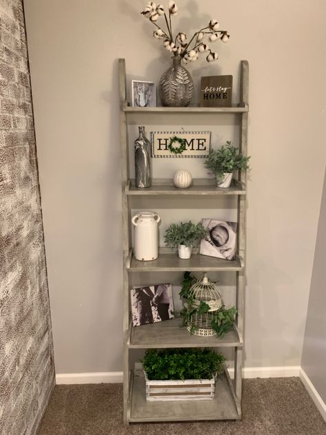 Entryway Ladder Shelf, Decorating Ideas For Ladder Shelf, How To Decorate A Corner In Dining Room, Ladder Shelf Decor Entryway, Ladder Shelf Decor Dining Room, Living Room Ladder Shelf Decor, Manly Farmhouse Decor, Styling Ladder Shelves, Decorate Ladder Shelves