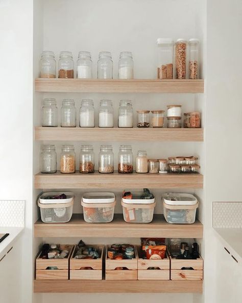 Open Shelf Pantry In Kitchen, Pantry Pull Out Shelves, Open Shelf Pantry, Open Pantry Shelves, Organize A Small Pantry, Open Pantry, White Laundry Rooms, Pantry Containers, Timber Shelves