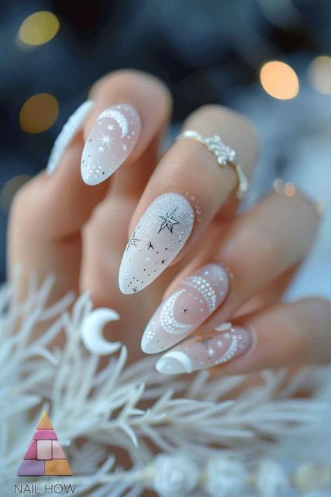 Fancy Simple Nails, Space Themed Nails Acrylic, Summer Celestial Nails, Simple Celestial Nails, Celestial Wedding Nails, White Celestial Nails, White Nail Polish Ideas, Night Court Nails, Acotar Nails