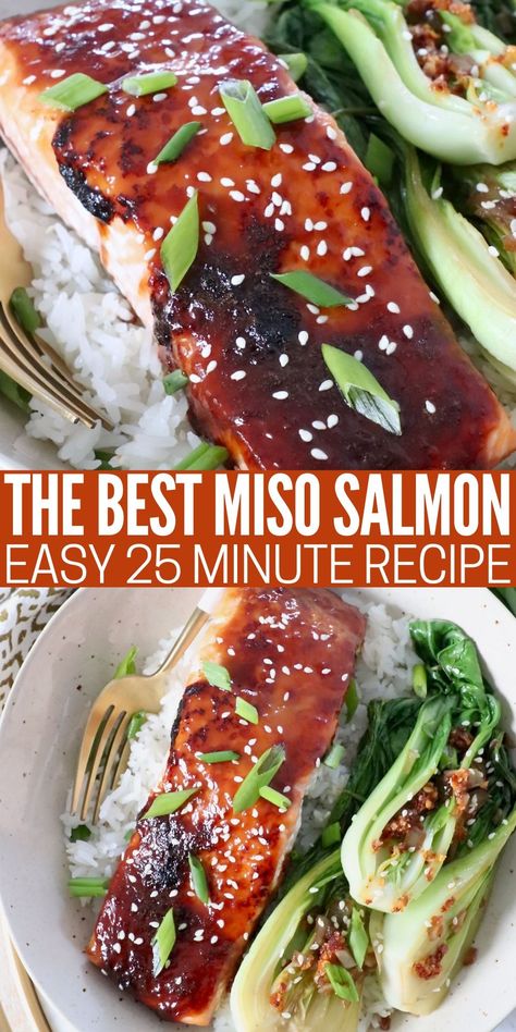 Make the best Miso Salmon at home with this easy recipe that's made in just 25 minutes! The sweet and salty miso glaze caramelizes over the salmon in the oven for melt-in-your-mouth goodness. It's delicious, healthy, and I guarantee, this will become your new favorite salmon recipe! Miso Glazed Salmon Recipe, Miso Salmon Recipe, Salmon In The Oven, Salmon Recipes Oven, Salmon Food, Oven Salmon, Gluten Free Salmon, Miso Recipe, Miso Glazed Salmon