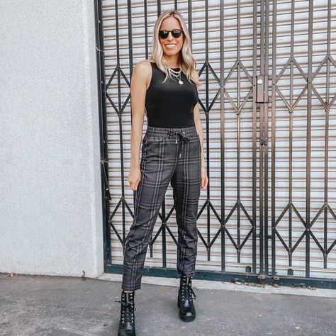 Plaid joggers pants with black bodysuit black combat boots. Everything TTS #LTKunder50 #LTKshoecrush #LTKfit @liketoknow.it #liketkit http://liketk.it/2XFwD Plaid Jogger Pants Outfit Women, Black Combat Trousers, Jogger Pants Outfit Women, Chilly Weather Outfits, Jogger Pants Outfit, Combat Trousers, Trouser Outfit, Joggers Outfit, Black Combat Boots