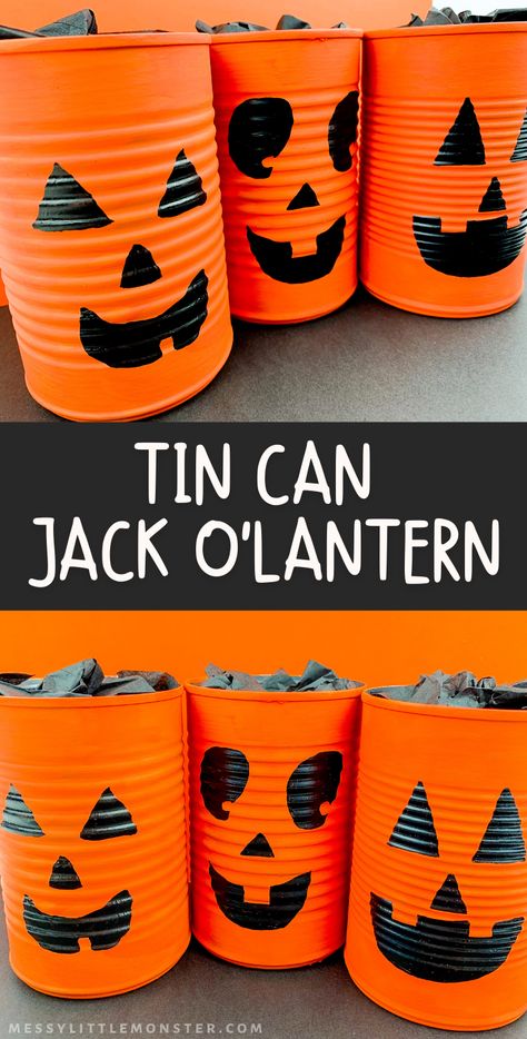 Big Tin Can Crafts, Jack O Lantern Craft, Coffee Can Crafts, Easy Halloween Craft, Lantern Crafts, Tin Can Lanterns, Thema Halloween, Lantern Craft, Halloween Cans