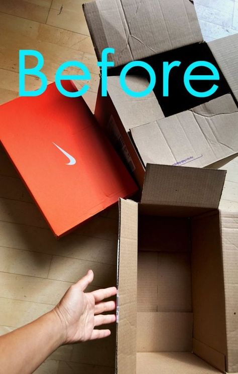 She gathered a few cardboard boxes. 5 minutes later, LOVE this! - A Piece Of Rainbow Decorating Cardboard Boxes, Diy Card Board Box Ideas, Upcycling Home Decor, Upcycle Boxes, Reuse Cardboard Boxes, Cardboard Box Diy, Shoe Box Crafts, Dollar Tree Organization, Cardboard Storage