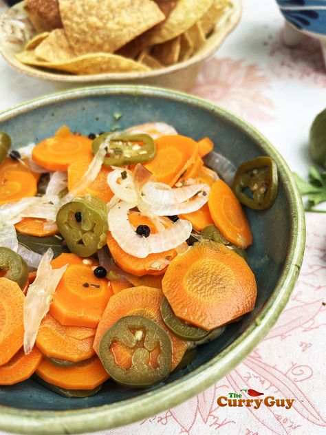 Mexican Pickled Carrots | Homemade Carrot and Chili Pickle | THE CURRY GUY Whiskey Carrots, Mexican Pickled Carrots, Mexican Favorites, Jalapeno Chili, Pickled Carrots, Refrigerator Pickles, Pickled Ginger, Dips Appetizers, Light Snacks