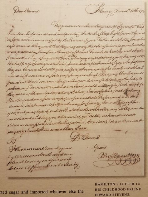 Alexander Hamilton's oldest surviving letter, written in 1769, as he was about to turn thirteen years old. The way his handwriting evolved is fascinating. Look at that flourish under his name, Jesus, kid. I've read this letter many times so I know what it says, I must say it's not easy in his youthful hand, given that he apparently did not have the time for spaces between words. Founding Father Handwriting, Historical Handwriting, Hamilton Aesthetic, Alexander Pushkin, One Piece Photos, Aesthetic Letters, Wilbur Soot, Alexander Hamilton, Cursive Writing