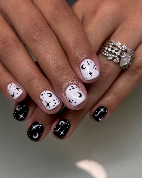 🖤🤍✨ . #Nailaddict #nailsnailsnails #nailtech #nails #naildesign #spookyseason #halloweennails #witchy #magic #nailart #renotahoe #nailsbyjohnnie Short Witch Nails, Witchy Short Nails, Short Witchy Nails, Funky Nails Short, Halloween Short Nails, Spooky Manicure, Nail Designs For Short Nails, Designs For Short Nails, Witch Nails