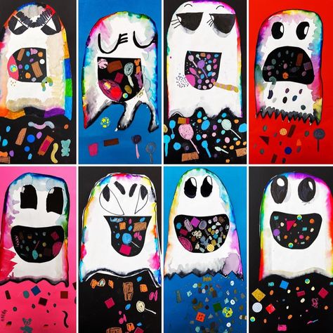 Candy eating rainbow Ghosts! 2nd graders had a blast!! After drawing and painting ghosts last class, We used everything we could find to… | Instagram Eating Rainbow, Painting Ghosts, Kindergarden Art, Halloween Art Lessons, Halloween Art Projects, Fall Lessons, Halloween Kunst, 2nd Grade Art, Fall Art Projects