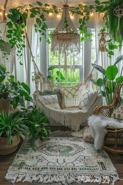 Garden Style Living Room, Sunroom With Hammock, Patio Reading Nook Outdoor Spaces, Boho Modern Apartment Decor, Boho Plant Living Room, Aesthetic Plant House, Home Hammock, Dreamy Sunroom, Sunroom Ideas Plants