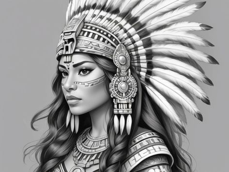 Aztec Warrior Tattoo For Women, Aztec Girl Tattoo, Aztec Princess Tattoo, Aztec Queen, Aztec Princess, Aztec Warrior Tattoo, Native American Girl, Female Warrior Tattoo, Aztec Artwork