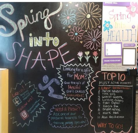 Spring Anytime Fitness Chalkboard Spring, Gym Chalkboard Ideas, Anytime Fitness Chalkboard, Gym Chalkboard, Gym Painting, Chalkboard Art Ideas, Chalkboards Ideas, Chalk Board Signs, Spring Chalkboard Art