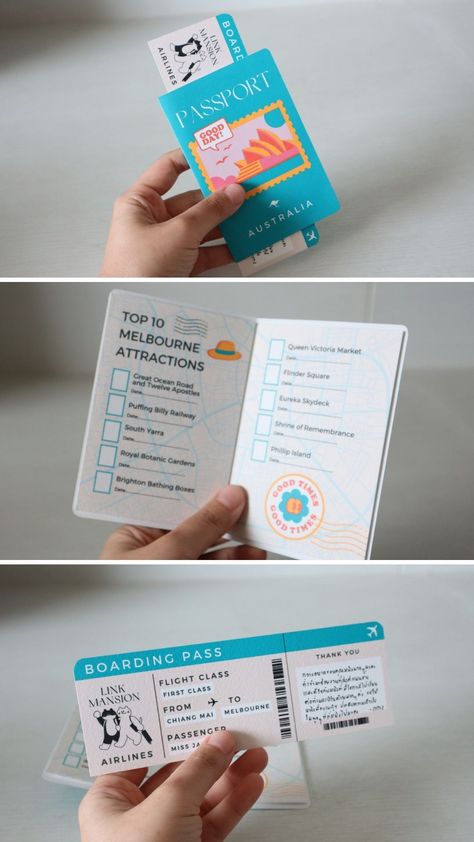 Passport & Boarding Pass Inspired Thank you card | How to | Travel Inspired thank you card Tutorial Template Link: https://shorturl.at/anyL8 Network Aesthetic, Passport Template, Boarding Pass Invitation, Passport Invitations, Travel Party Theme, Instagram Cover, Travel Tickets, Ticket Design, Cover Templates