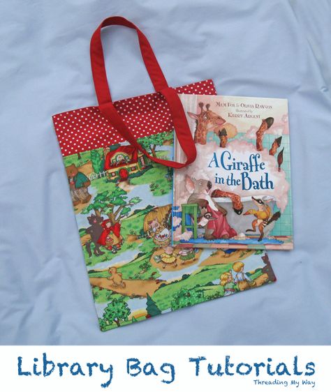 Make a library bag for your child to take to school. This is an easy first sewing project. DIY - Tutorial ~ Threading My Way Childs Book Bag Pattern, Book Bag Pattern Free, Diy Projects For School, Library Bags, Diy Bags Tutorial, Library Tote, Tote Tutorial, Bag Tutorials, Library Bag