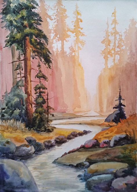 View In My Room Autumn Forest Watercolor, Watercolor Fall Landscape, Pine Landscape, Canada Sunset, Forest Watercolor Painting, River Watercolor, Colorado Painting, Orange Landscape, Atmospheric Perspective