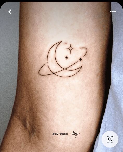 Tattoo Designs Moon And Stars, Moon And Universe Tattoo, Saturn And The Moon Tattoo, Tattoo Ideas To The Moon And Back, Small Galaxy Tattoo Ideas, Moon Universe Tattoo, Moon And Galaxy Tattoo, Moon And Saturn Tattoo Minimalist, Small Moon And Stars Tattoos For Women