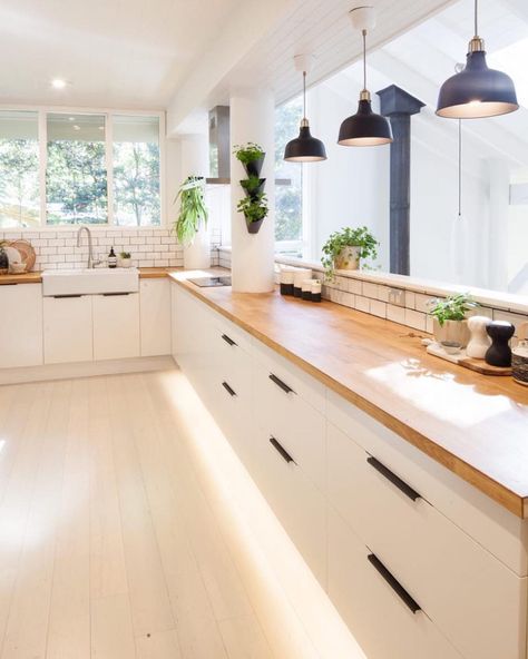 Big Galley Kitchen, White Kitchen Wooden Benchtop, Wooden Benchtop Kitchen, Ikea Kitchen Australia, Wooden Kitchen Bench, White Ikea Kitchen, Kitchen Benchtops, Ikea Kitchen Design, Ikea Kitchen Cabinets