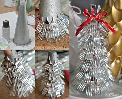 Here’s how to turn plastic spoons and forks into a festive and frugal Christmas Tree centerpiece with this EASY craft idea. Plastic Fork Christmas Tree, Plastic Fork Crafts, Spoon Decoration Ideas, Spoon Christmas Tree, Plastic Spoon Art, Fork Crafts, Plastic Spoon Crafts, Spoon Craft, Tree Centerpiece