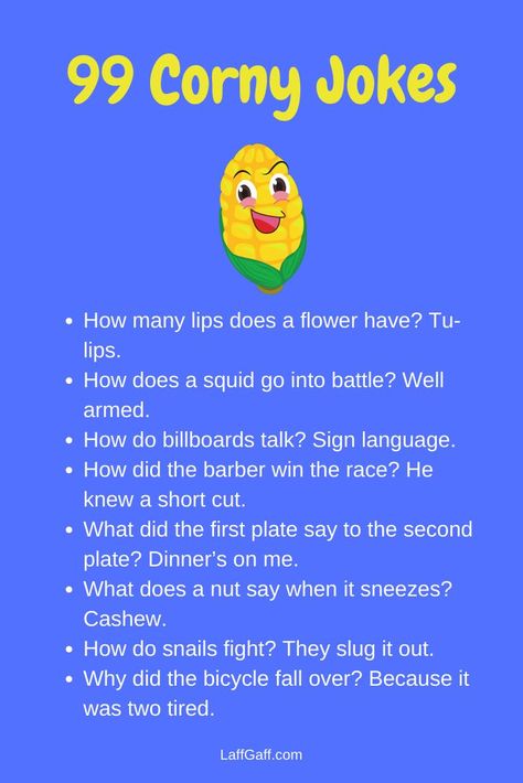 Image linking to a page of corny jokes for kids from LaffGaff. Corny Jokes For Kids, Best Dad Jokes, Funny Corny Jokes, Lame Jokes, Cheesy Jokes, Clean Funny Jokes, Jokes Hilarious, Dad Jokes Funny, Funny Puns Jokes