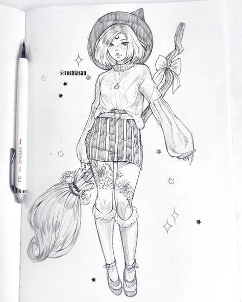 Yey next witch! ✨🌙⭐Next time I really want to draw one with some background like an old house or maybe some cute rustic patio *v* Quite a… Witch Poses Reference, Broomstick Drawing, Witch Poses Reference Drawings, Witch Poses, Toshiasan Art, Manga Witch, Drawing Kawaii, Sketchbook Pencil, Witch Drawing